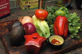 еда, фрукты и овощи вместе, перец, овокадо, лук, лайм