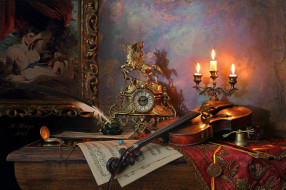 музыка, -музыкальные инструменты, картина, свечи, часы, скрипка