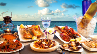 еда, рыбные блюда,  с морепродуктами, накрытый, стол, морепродукты, ассорти