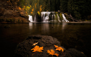 природа, водопады, осень, водопад, осенние, листья