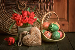 праздничные, пасха, цветы, яйца, весна, тюльпаны, red, love, happy, heart, flowers, tulips, spring, easter, eggs, decoration