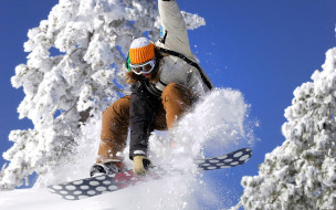 спорт, сноуборд, сноубордист, прыжок, снег, деревья