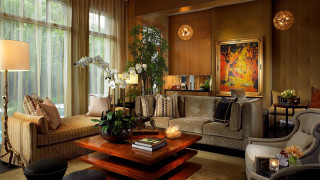 интерьер, гостиная, картина, торшер, мягкий, уголок, орхидеи