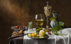 еда, натюрморт, маслины, лимон, орехи, вино