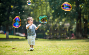 разное, дети, мальчик, лужайка, пузыри