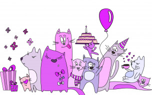 рисованное, праздники, коты, вечеринка, торт, шар