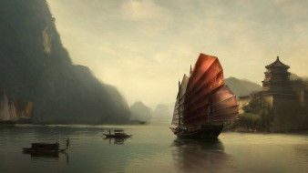 корабли, рисованные, лодки, горы, река, корабль, здание