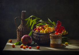 еда, фрукты,  ягоды, бутыль, корзинка, черешня, малина, яблоко, леденец