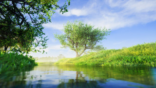 , , , river, sky, trees, nature, water, reflection, digital, art, artwork, plants