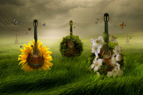  , ,  , guitars, green, grass, foggy, floral, surreal