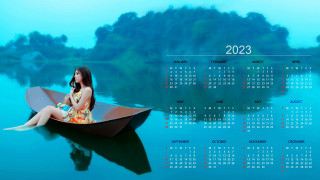 календари, девушки, азиатка, река, лодка