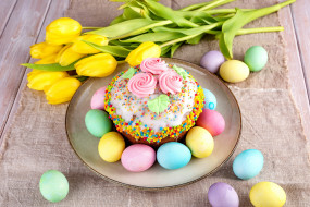      3000x2002 , , , , , colorful, , happy, cake, yellow, , flowers, tulips, spring, easter, eggs, decoration