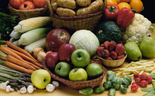 еда, фрукты и овощи вместе, картошка, кукуруза, спаржа, яблоки, клубника