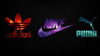 бренды, - другое, nike, adidas, puma, космос, логотип, красный, фиолетовый, бирюзовый, черный, фон, cпортивная, одежда, обувь