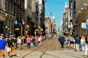 города, амстердам , нидерланды, узкая, улица, прохожие, туристы