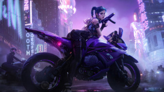 cyberpunk 2077,  , cyberpunk, girl, motorcycl, , , , 