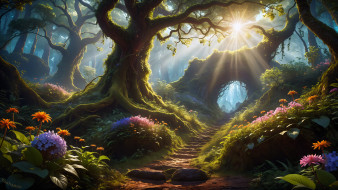 , , mystical, forest, path, sunlight, ai, art, surrealism, nature