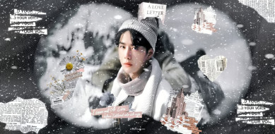 мужчины, wang yi bo, актер, лицо, шапка, шарф, снег, обрывки