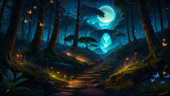      3840x2160 , 3 ,  , nature, magical, forest, night, butterflies, moon, glowing, tall, trees, stones, pathway, ai, art