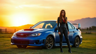 3 , -,  , people- car ,  moto, subaru, girl, sun, mountain, wrx, ai, art, generated