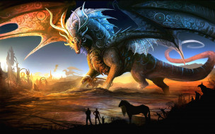 dragon, фэнтези, драконы, люди, лошади