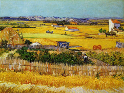 harvest, landscape, with, blue, cart, , vincent, van, gogh