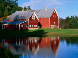twin, barns, reflecting, in, pond, at, sunset, vermont, 