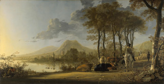 Aelbert Cuyp - River Landscape with Horseman and Peasants     7689x3964 aelbert, cuyp, river, landscape, with, horseman, and, peasants, , , , , , , , , 