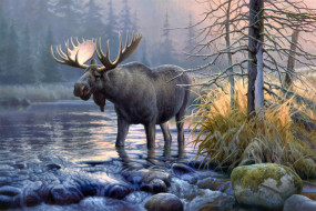 power, in, the, mist, , greg, alexander, stream, sunrise, forest, elk, moose, painting, river