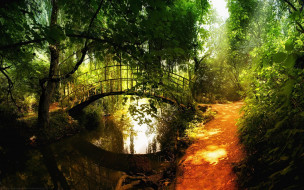 природа, парк, мостик, деревья, тропинка, лес, река