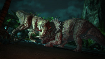 T-Rex vs Trike     1920x1080 rex, vs, trike, 3, , animals, 
