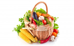еда, овощи, баклажан, морковь, чеснок, зелень, перец, корзинка, помидоры, кукуруза