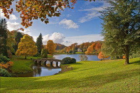 stourhead, garden, wiltshire, england, природа, парк, осень, деревья, уилтшир, англия, пейзаж, мост, озеро