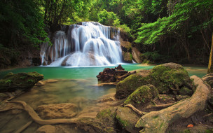 waterfall, природа, водопады, лес, камни, корни, река, водопад