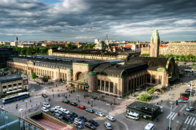      3000x1994 , , , helsinki, finland, central, station, railway, city, life, panorama, cars, bus, dark, clouds