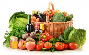 еда, фрукты, овощи, вместе, яблоки, мед, перец, томаты, помидоры, капуста, зелень