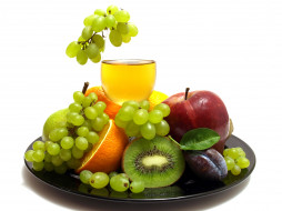 еда, фрукты, ягоды, киви, виноград, апельсины, сливы, яблоко, вино