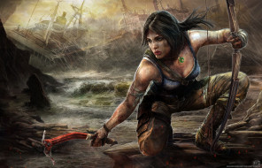 Tomb Raider 2013 обои для рабочего стола 6000x3857 tomb, raider, 2013, видео, игры, арт, лук, lara, croft, корабли, шторм, море