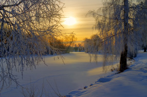 sweden, природа, зима, иней, закат, река, деревья, снег, швеция