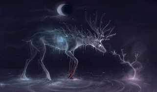 фэнтези, призраки, олень, туман, луна, деревце