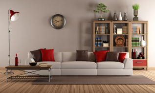      5100x3061 3 , realism , , couch, stylish, design, living, room, library, interior, , , , , , , , pillows, lamb, clock, , 