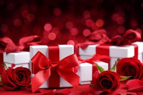 праздничные, подарки и коробочки, розы, лепестки, подарки, банты, красный, белый
