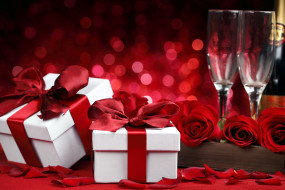 праздничные, подарки и коробочки, розы, лепестки, подарки, ленты, банты