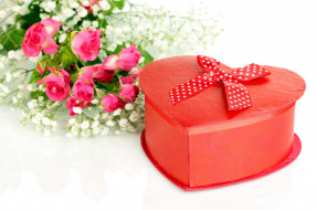 праздничные, день святого валентина,  сердечки,  любовь, бант, подарок, гипсофила, цветы, розы, коробка