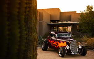 ford coupe 1933 hot-rod, автомобили, hotrod, dragster, хот-род, дом, кактус, 1933, пустыня, hot-rod, coupe, ford, форд, купе, огонь, пламя