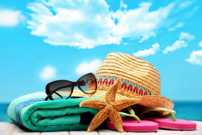      3000x2000 , ,  ,    spa-, summer, vacation, beach, accessories, glasses, sun, towel, hat, rest, blue, sky, starfish