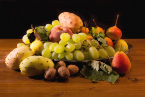 еда, фрукты,  ягоды, опунция, виноград, груши, орехи, персик