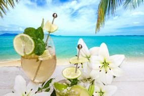 , ,  , , flowers, palms, beach, summer, drink, fresh, fruit, cocktail, tropical, , 