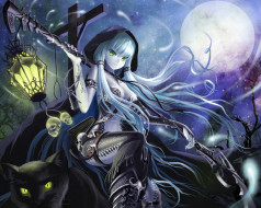 аниме, -halloween & magic, ost02, арт, кошка, девушка, фонарь, луна, ночь, крест, черепа