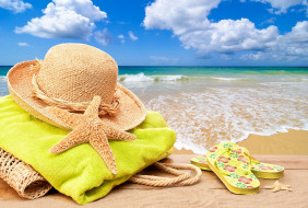      3000x2024 , ,  ,  ,  , , , , sea, hat, bag, towel, starfish, summer, vacation, beach, accessories, , , , sun